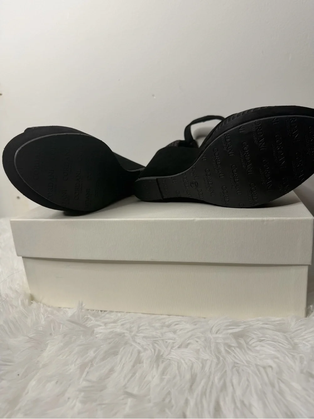 Cordani Black and Metallic Rose Textured Wedge Sandals